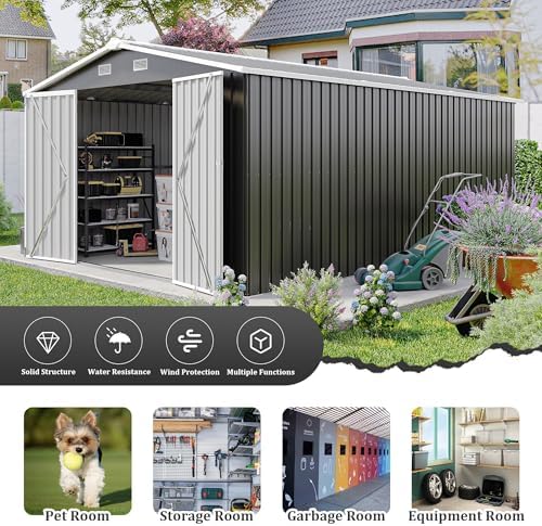 10x14 ft outdoor storage shed, large metal garden on a desk or shelf