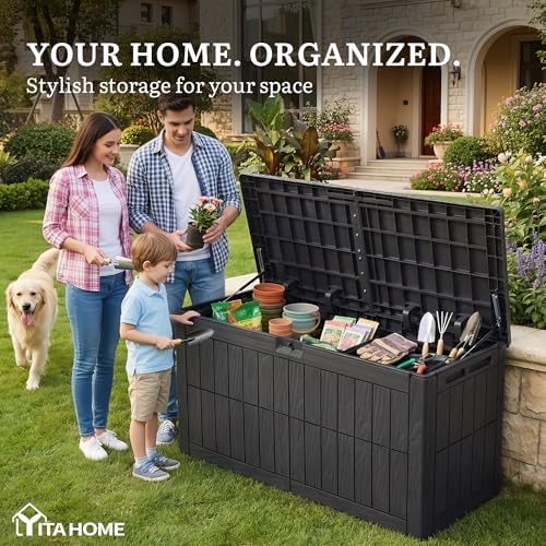 yitahome 110 gallon outdoor deck box showing dimensions