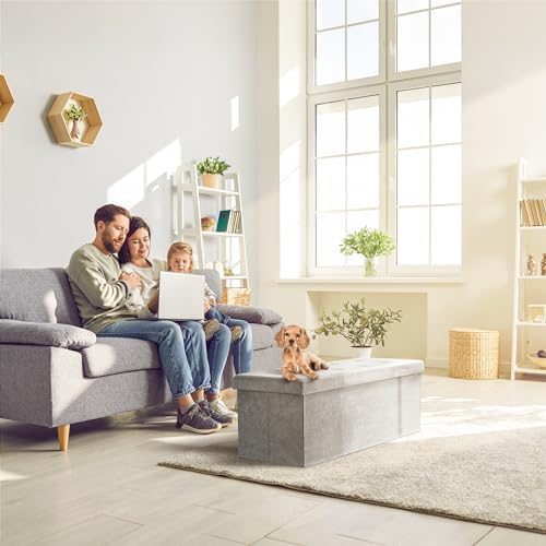 sorbus collapsible storage ottoman bench (grey, large (15”, side view