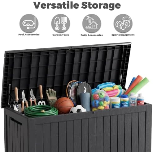 320 gallon outdoor deck box, lockable waterproof outdoor on a desk or shelf