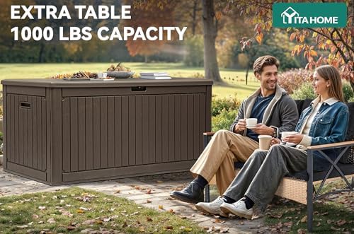 yitahome 320 gallon double-wall deck box with divider shown in use