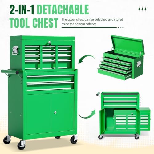 10-drawer rolling tool chest with wheels, lockable 2-in-1, side view