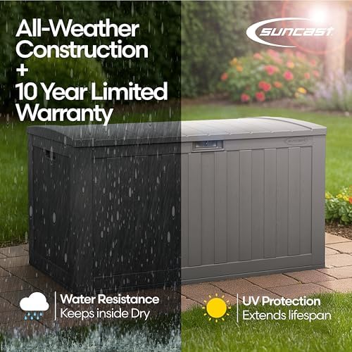 suncast xl resin deck box, 134 gal, with on a desk or shelf