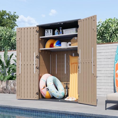 aoxun outdoor storage shed with 2 shelves & on a desk or shelf
