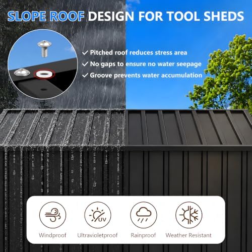 6x8 ft outdoor storage shed, metal garden shed, close-up detail
