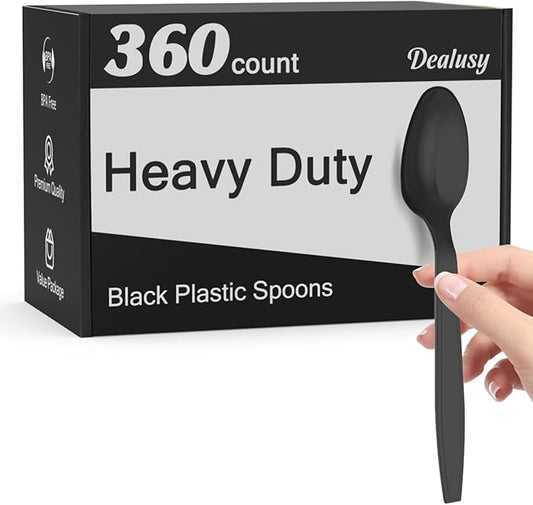 Dealusy 360 Count Black Plastic Spoons Disposable, Heat Resistant, Solid and by Dealusy