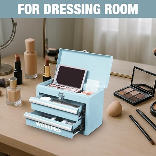 workpro portable mini metal tool box with 2 on a desk or shelf
