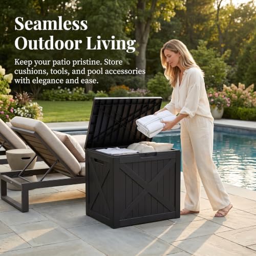 32 gallon waterproof resin storage deck box, black showing dimensions