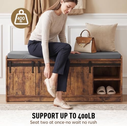42" farmhouse shoe storage bench with seating cushion,for, side view
