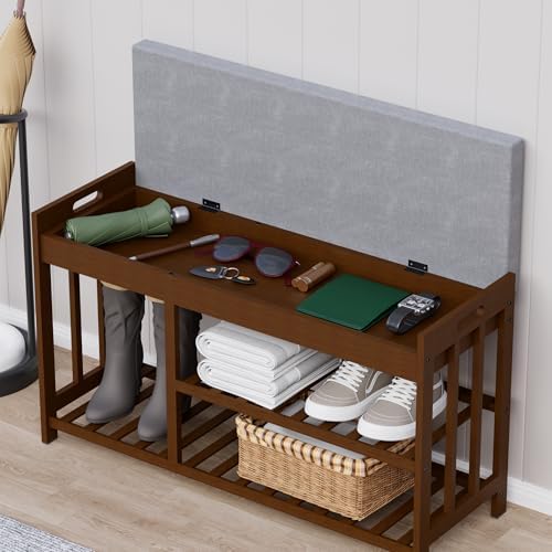 bamboo shoe storage bench with cushioned seat 3-tier, main product view
