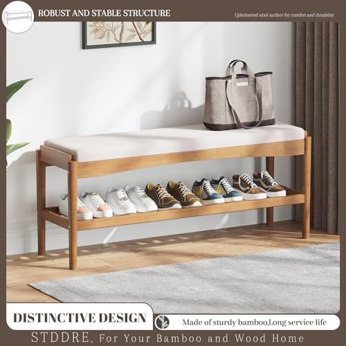 stddre shoe bench entryway bamboo 2-tier shoe rack, close-up detail