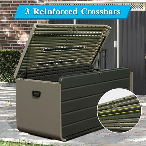 domi 260 gallon resin deck box, outdoor waterproof shown in use