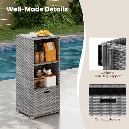 tangkula rattan outdoor storage cabinet, patiojoy outdoor wicker showing dimensions