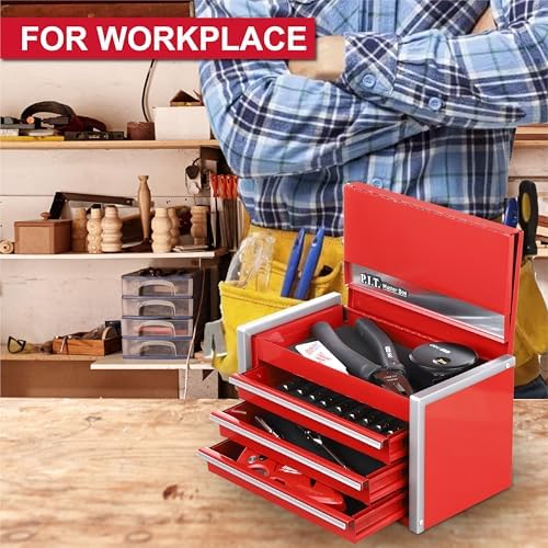 p.i.t. mini tool box,3 drawers small metal toolbox on a desk or shelf