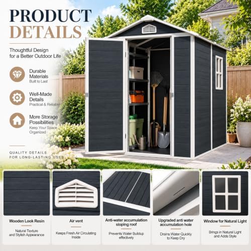 jt 6x4 ft resin storage shed, outdoor tool, close-up detail