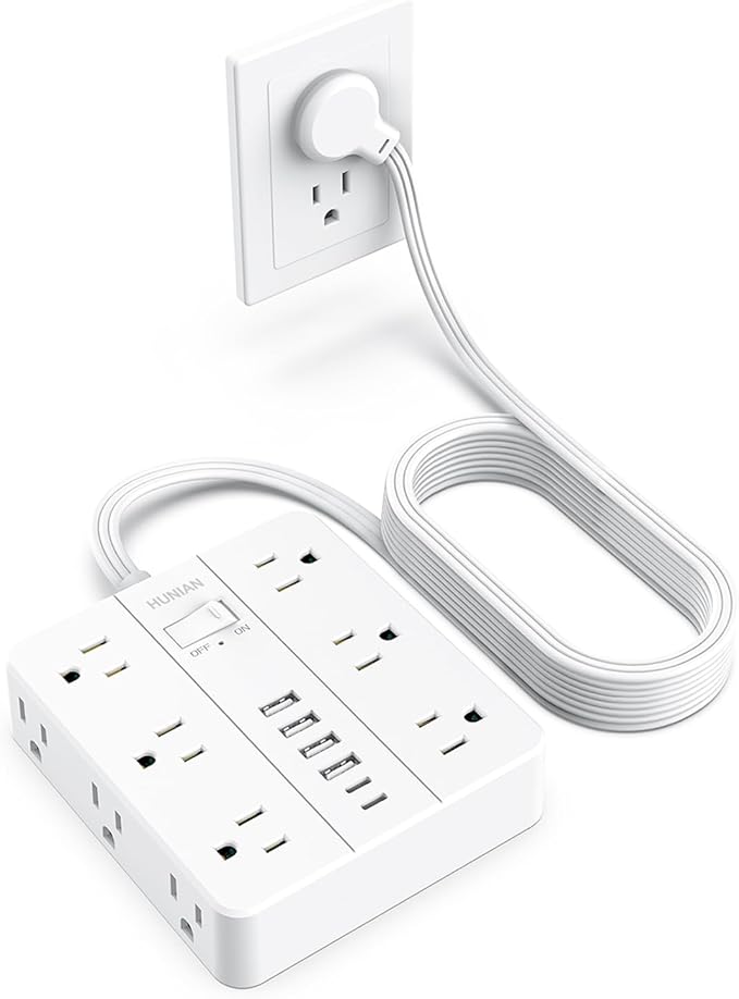 Surge Protector Power Strip 15 Ft Cord, HUNIAN Flat Plug Extension Cord by HUNIAN