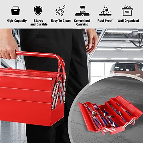 workpro metal tool box, 18-inch cantilever folding red, side view