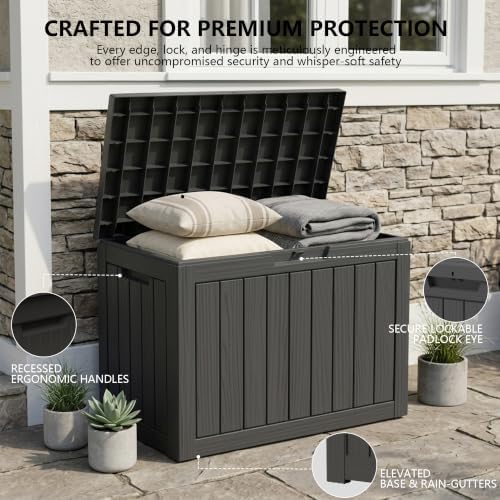 outdoor storage box, 50 gallon waterproof deck box, close-up detail