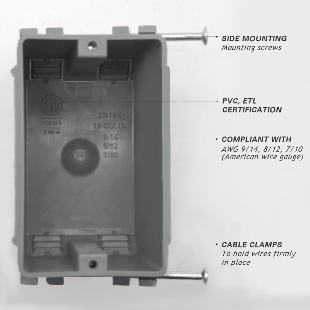 1-Gang PVC New Work Outlet Box,18 Cubic Inch Switch Box | Gray New Work Electrical Nail Outlet Box,ETL Listed to UL514C and UL263,AWG for 9/14,8/12,7/10(1Pack)