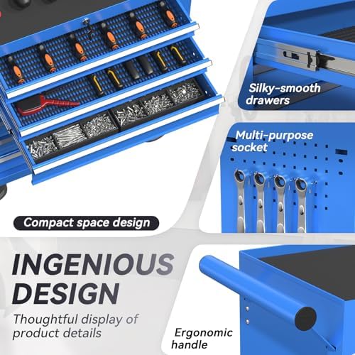 7-drawer rolling tool chest with wheels, metal tool showing dimensions