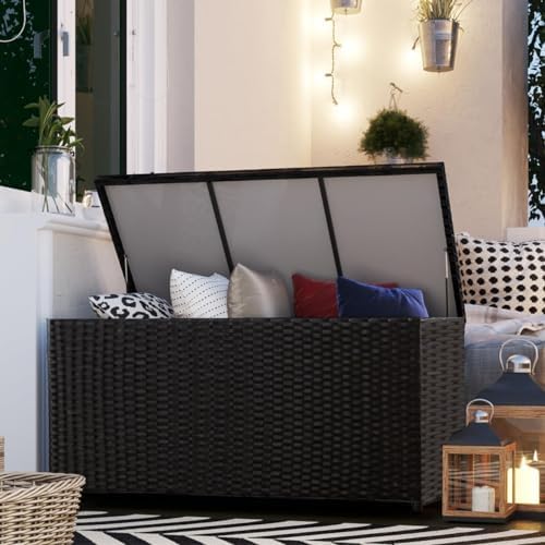 sundale 70 gallon black rattan deck storage box on a desk or shelf