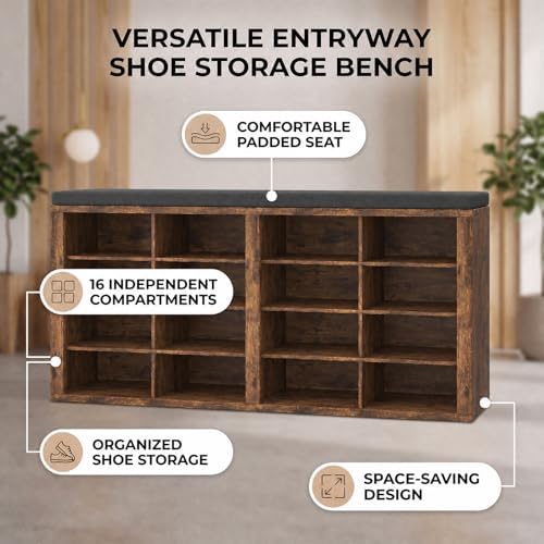 shoe rack bench, shoe storage bench with cushion, front angle view
