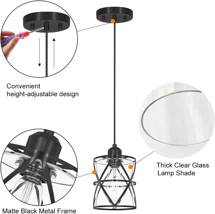 DSMJFU Black Glass Pendant Lights Kitchen Iskland Set of 2 for Bedroom Sink | Adjustable Height, E26 Base,Adaptable different ceilings,Dual Mount Ceiling & Hanging Fixtures,Dimmable,Farmhouse Industrial