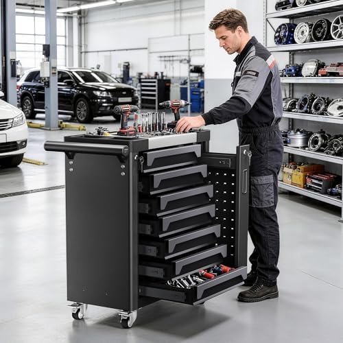 7 drawer rolling tool chest, side drawer shown in use