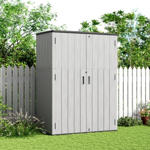 kinying outdoor storage shed,57cu.ft resin vertical outdoor storage showing dimensions