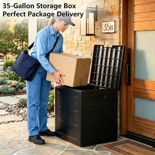 35 gallon deck box outdoor waterproof, resin outdoor showing dimensions