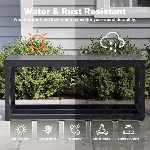 37" outdoor storage bench, hdpe seat, steel frame, side view