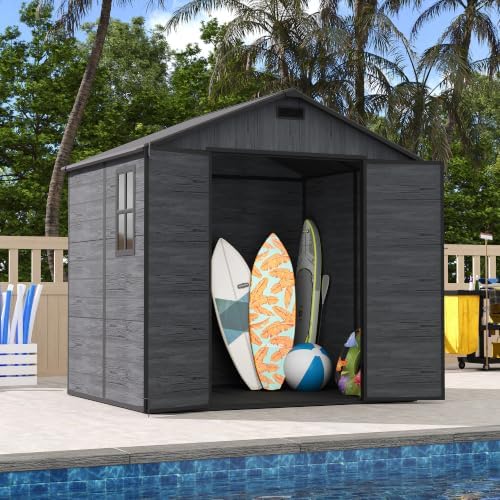 udpatio resin storage shed 8x6 ft, plastic outdoor, front angle view