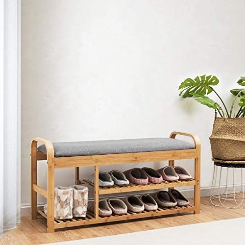 tangkula bamboo entryway shoe bench, 3 tier sturdy shown in use
