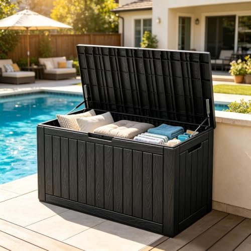 outdoor storage box waterproof, 150 gallon deck box, front angle view