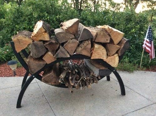 woodhaven black 3-foot crescent firewood rack, with cover, side view