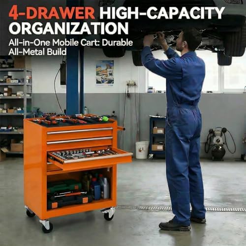 4 drawers tool chest on wheels, multifunctional rolling, side view