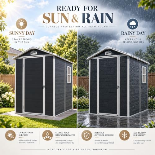 jt 6x4 ft resin storage shed, outdoor tool showing dimensions