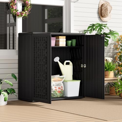 homspark indoor/outdoor storage cabinet with doors and shelf shown in use