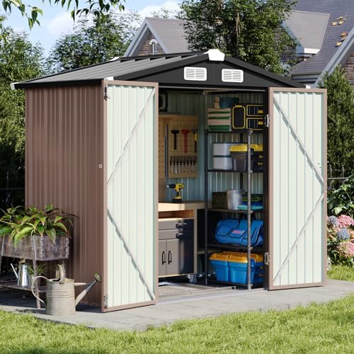 aoxun 6'x4' outdoor storage shed with base, brown, front angle view