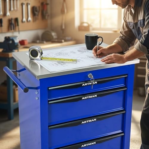 rolling tool chest,stainless steel worktop,blue,4‑drawer shown in use