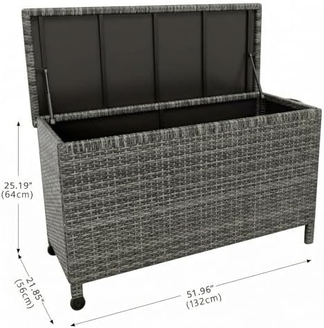 wicker deck box, 125 gallon all-weather outdoor storage shown in use