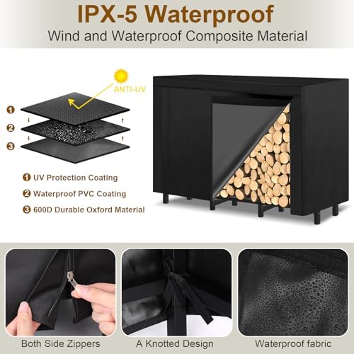 4ft outdoor firewood rack, wood storage with 600d, side view