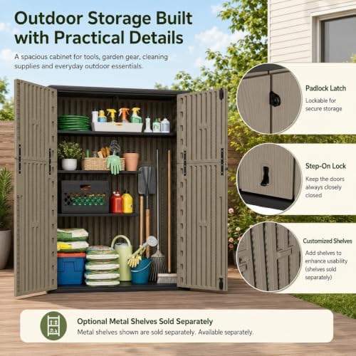 addok 57 cu.ft outdoor storage shed,resin storage cabinet showing dimensions