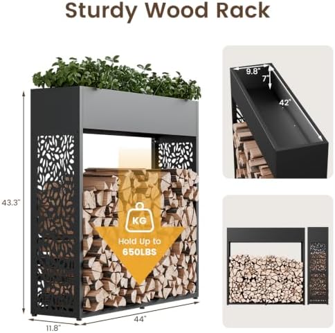 44" firewood rack outdoor with planter & reinforced shown in use