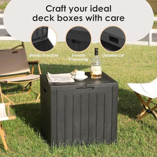 outdoor storage box, 35 gallon waterproof deck box, side view