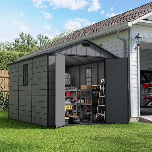 amopatio 8x10 ft outdoor resin storage shed with, front angle view