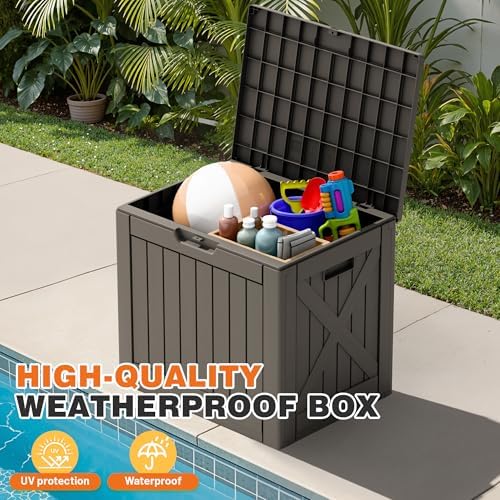 42 gallon outdoor storage box, lockable resin deck showing dimensions