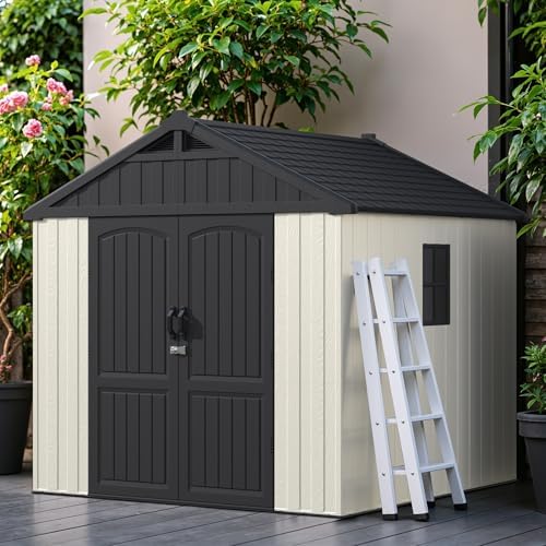 greesum 8x8ft plastic outdoor storage shed with floor, front angle view