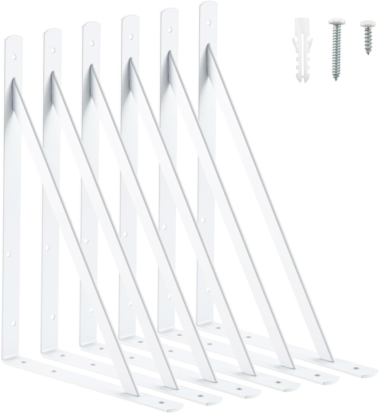 HOME MASTER HARDWARE 16x10 Inch Heavy Duty Shelf Brackets, White 6 Pack | 600lbs Capacity, Reinforced Metal L Supports with Screws, Garage Storage/Workshop Shelves/Basement and DIY Projects