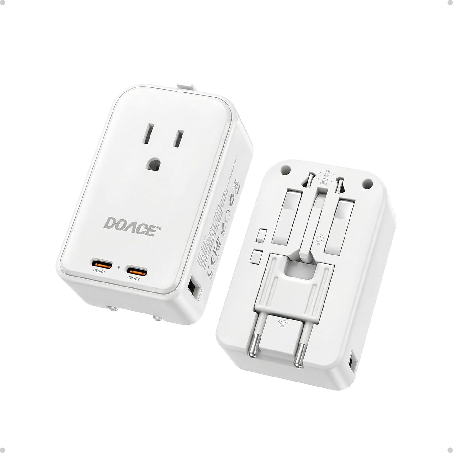DOACE Pico 45W Universal Travel Adapter with 1 AC, 2 USB C & 2 USB A Ports | Ultra Thin International Power Adapter, Worldwide Travel Essentials for US to UK IT AU CN JP European travel plug adapter
